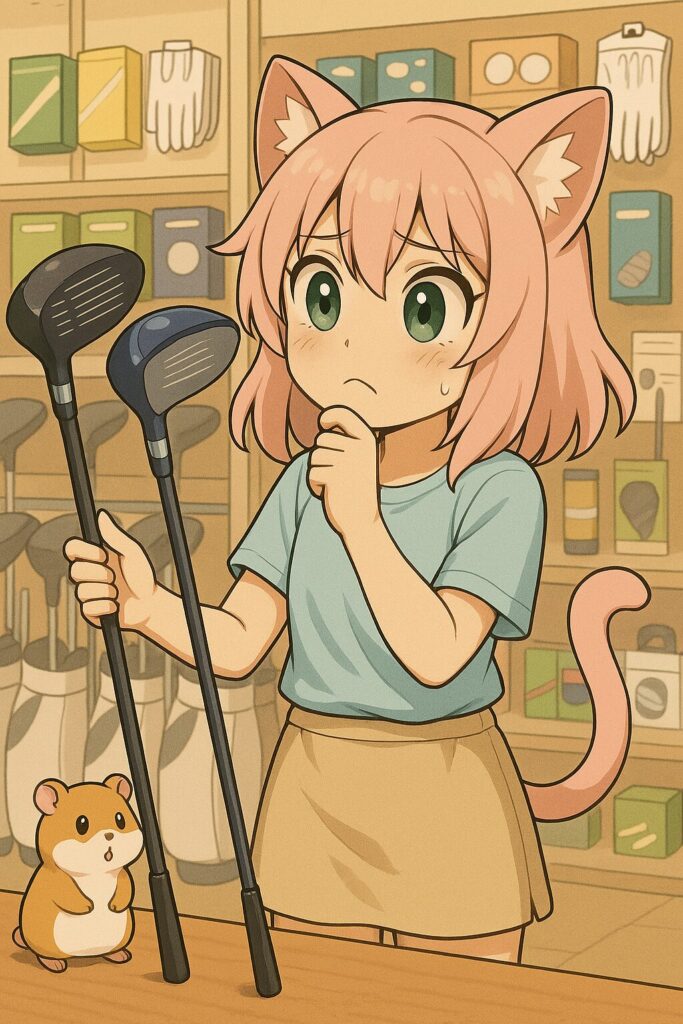 ゴルフショップでドライバー選びに悩む猫耳の女の子(ニャルル)とハムスター(バーディ)。Ai SMOKE MAXなどクラブ選びの場面。