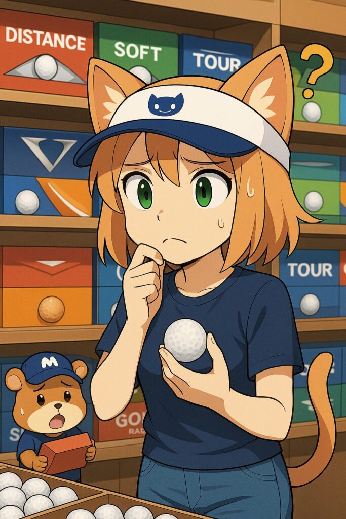 アニメ風の猫耳キャラクター・ニャルルがゴルフショップでボール選びに悩んでいるイラスト。ハムスターのバーディがボールを持っているシーン。