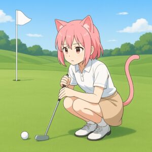 ニャルルがパターでどう打とうか考えているところ