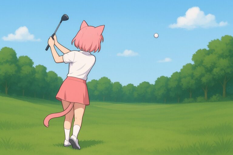 ニャルルがハーフスイングでラウンドしているところ