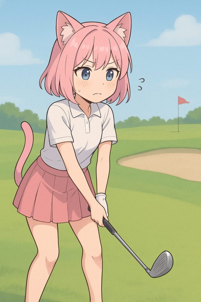 ニャルルがハーフスイングでグリーンを狙うところ