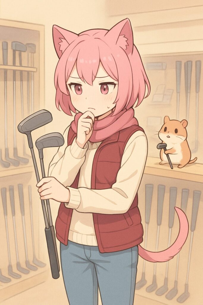 ニャルルがパター選びで悩んでいるところ