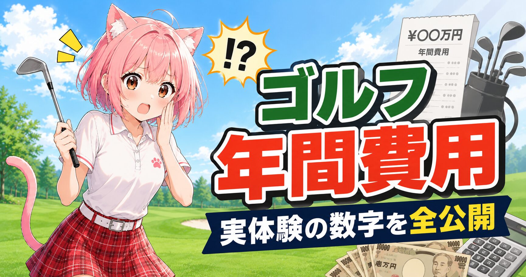 ゴルフ初心者の年間費用を驚いた表情で確認するニャルル
