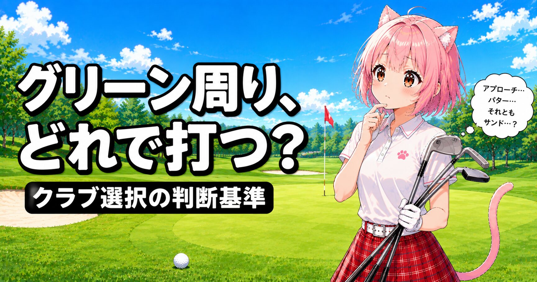 グリーン周りでクラブ選択を悩むニャルル｜状況別アプローチの判断基準