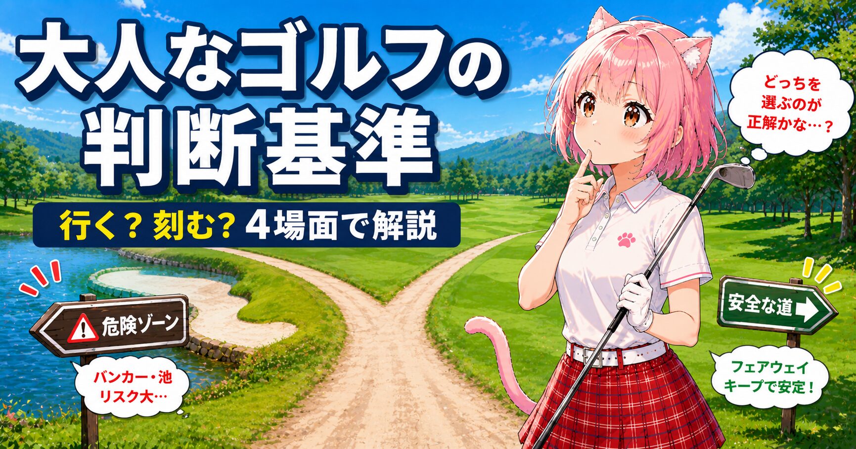 ゴルフコースで判断を迷うニャルルのイラスト｜コースマネジメント4場面の解説