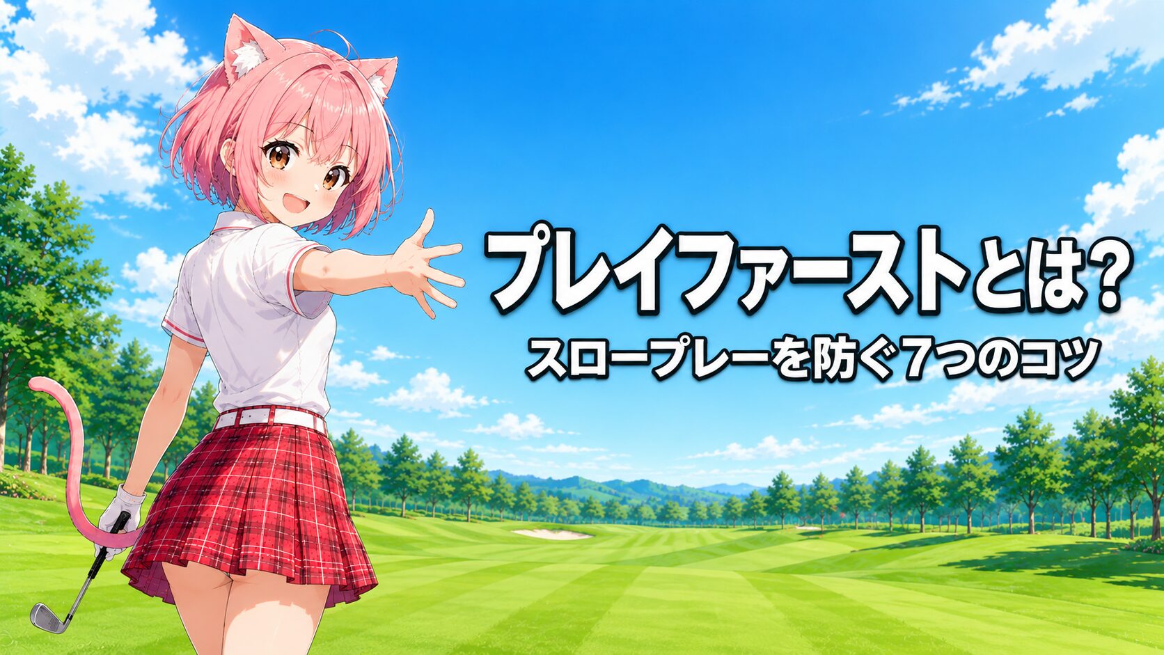 ゴルフコースで手招きするニャルル｜プレイファーストを実践するゴルファーのイラスト
