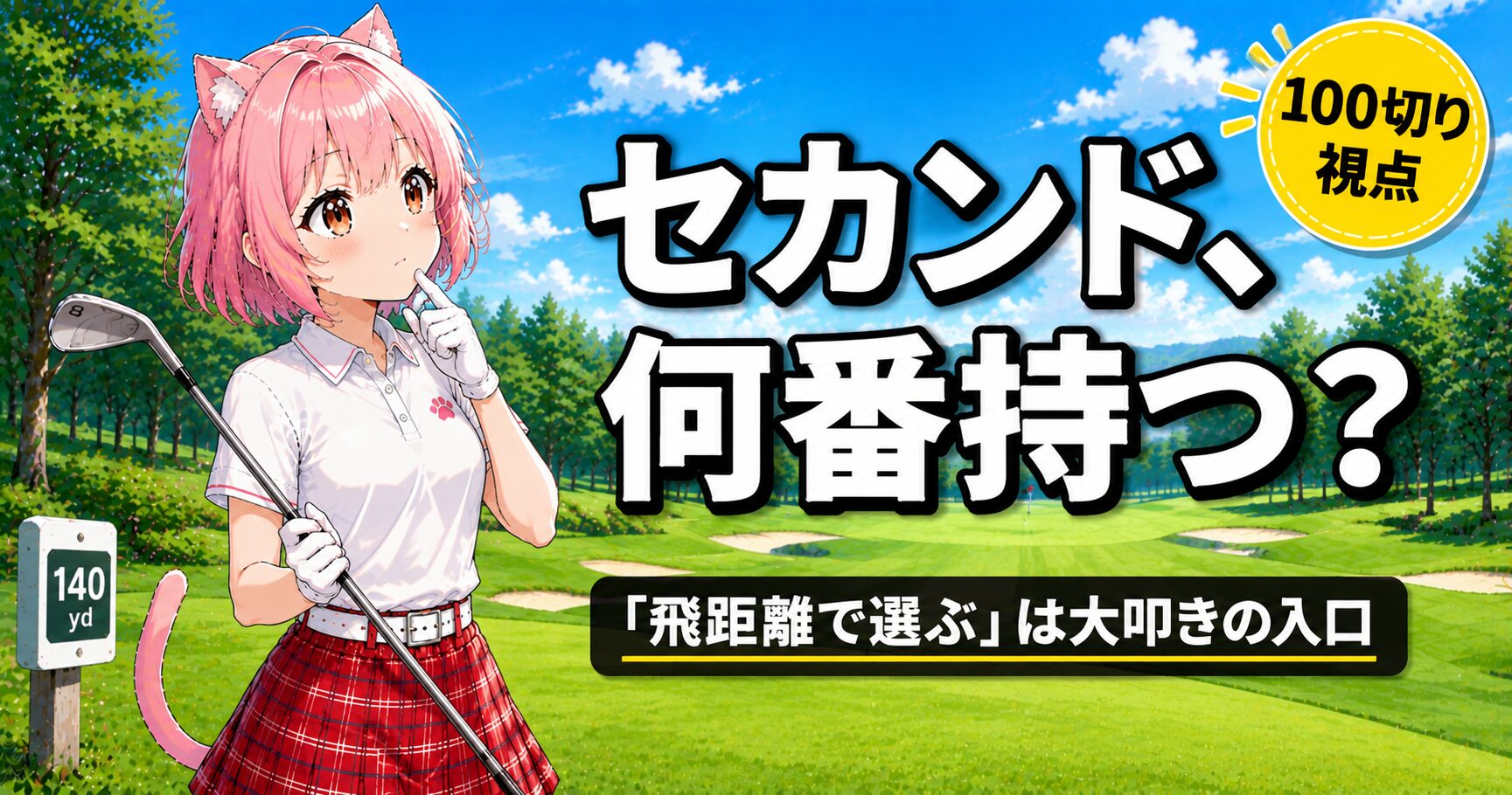 ゴルフのフェアウェイでアイアンを持ちクラブ選択を考えるニャルルのイラスト