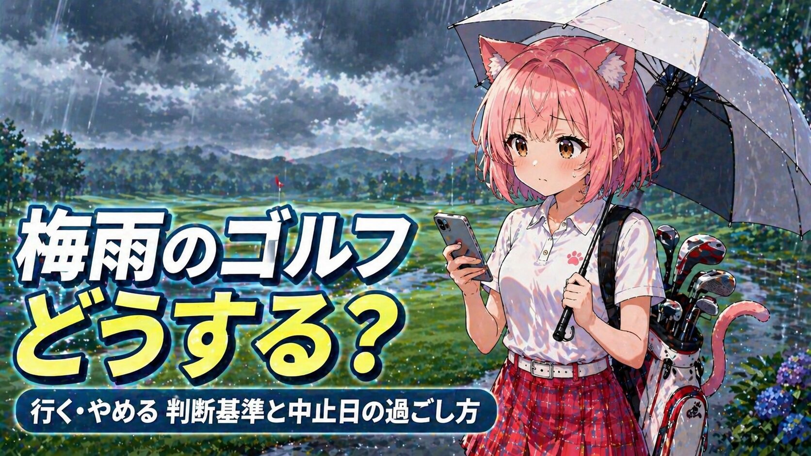 梅雨のゴルフコースで天気予報を確認しながら行くか迷う猫耳キャラのニャルル