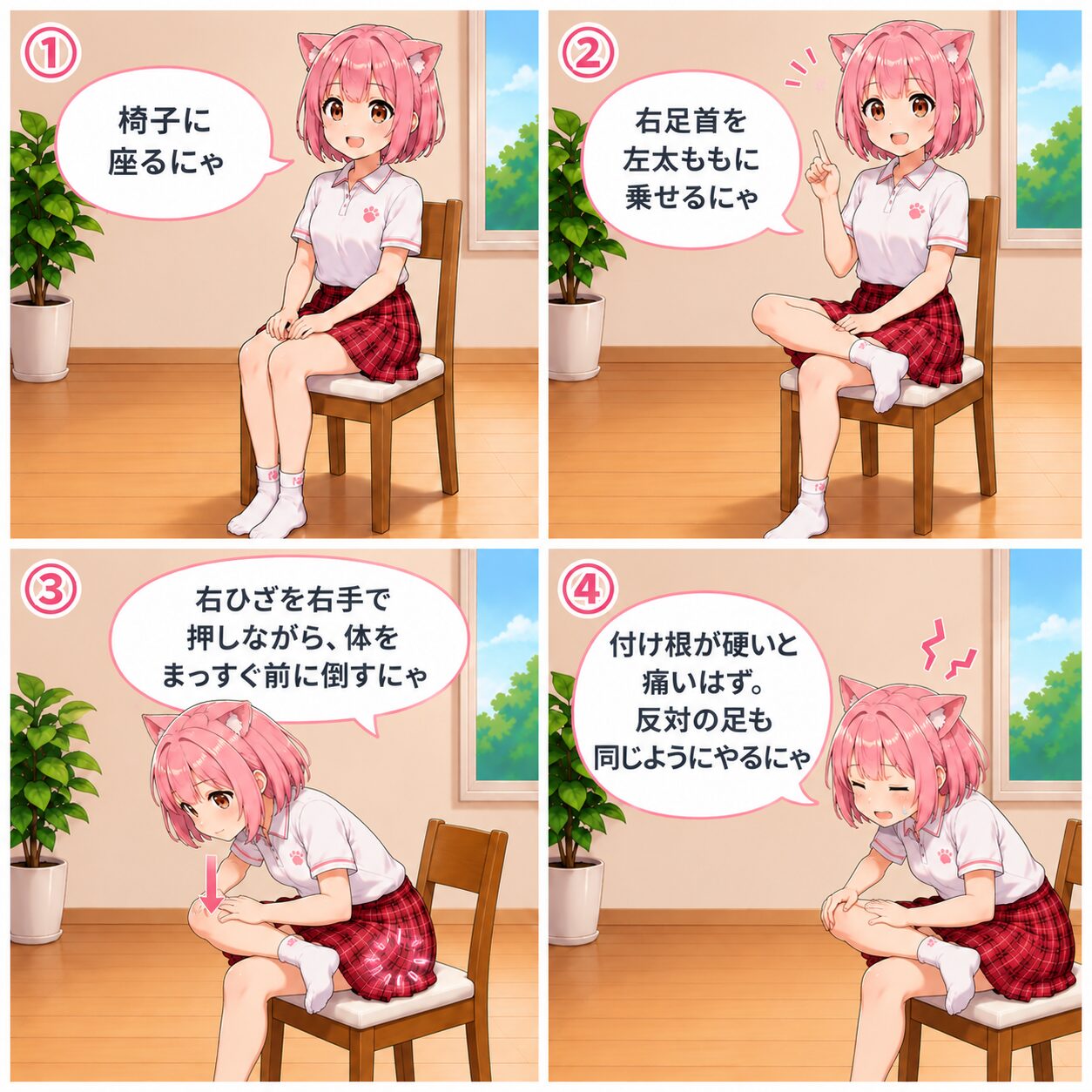 股関節ストレッチのやり方を4コマで解説するニャルル