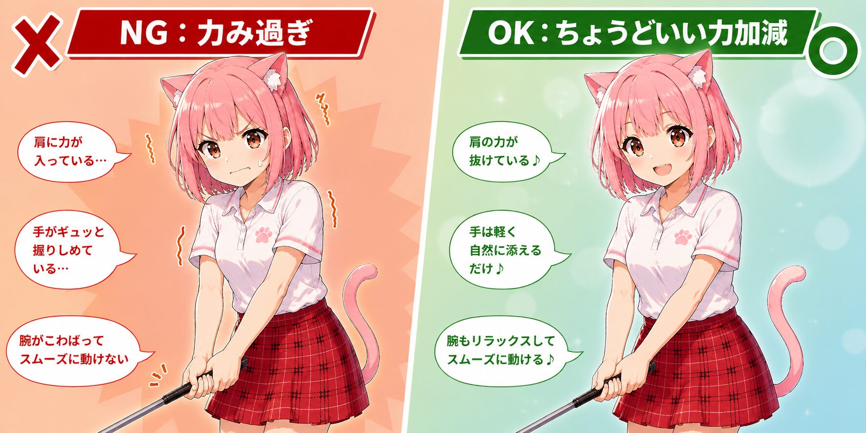 ゴルフのグリップの強さNG例とOK例を比較するニャルル