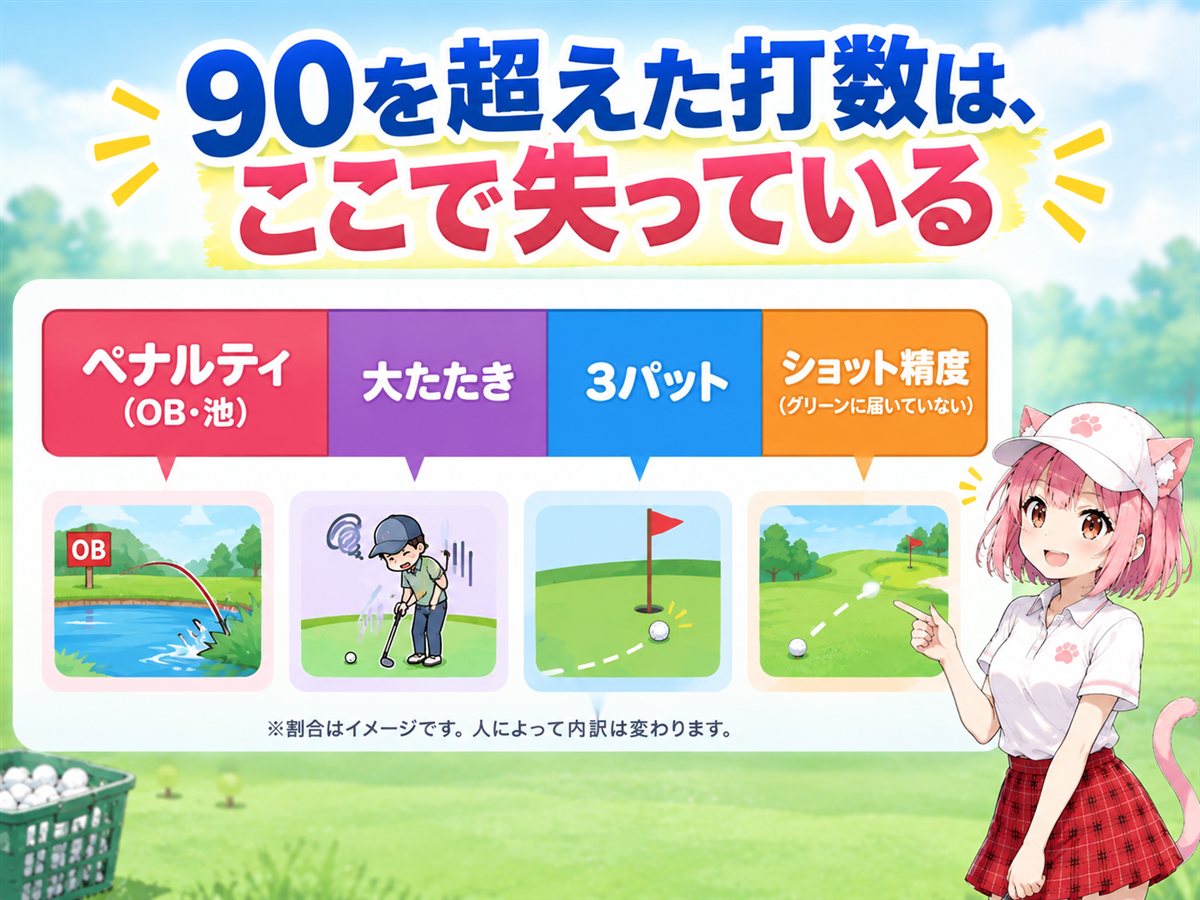 100切りできない人が90を超えた打数をどこで失っているかの内訳をニャルルが解説する図