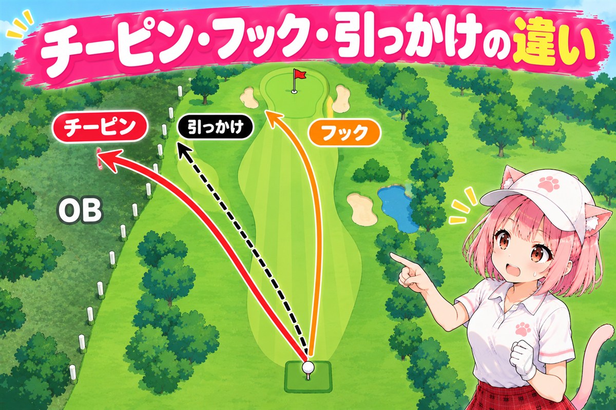 ゴルフのチーピン・フック・引っかけの球筋の違いを上から見た図とニャルル