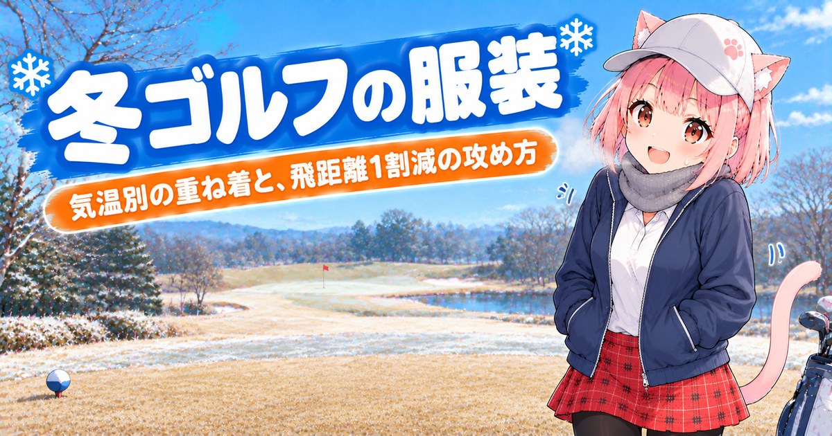 冬ゴルフの服装を紹介するニャルル（防風ジャケットとネックウォーマー姿）